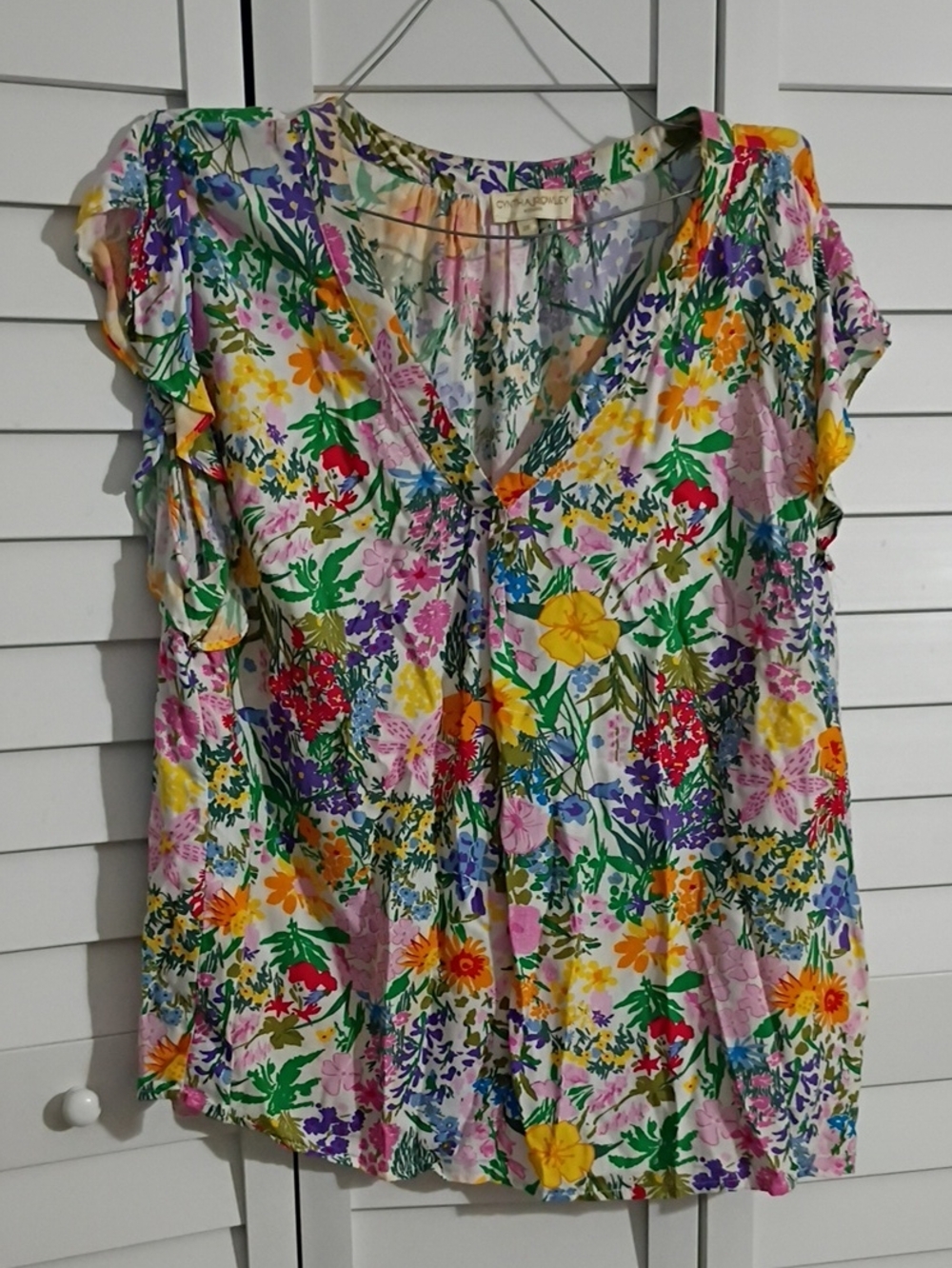Cynthia Rowley Multi-Color Floral V-Neck Ruffle Sleeve Top